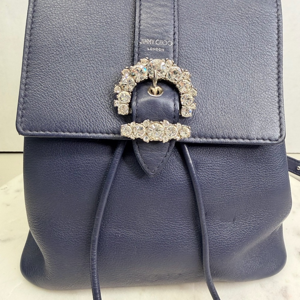 Jimmy Choo Dark Blue navy chery Leather Backpack with Embellished crystal Buckle